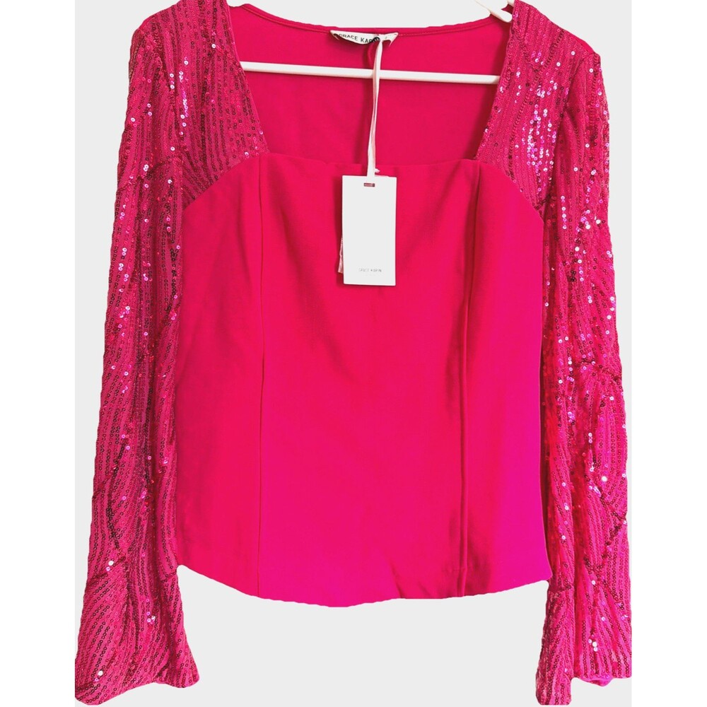 Grace Karin Hot Pink Sequin Top Womens L Bell Sleeve Party Blouse NWT
